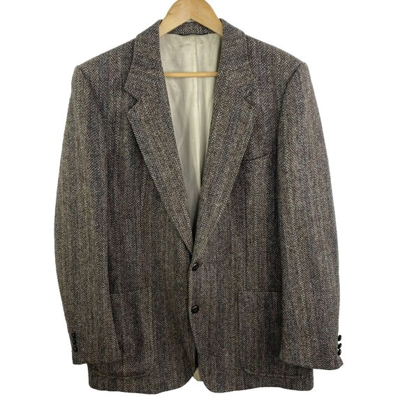 VTG HARRIS TWEED Blazer Sport Coat Jacket Herringbone Wool Size 44L Brown FLAW - Picture 1 of 9